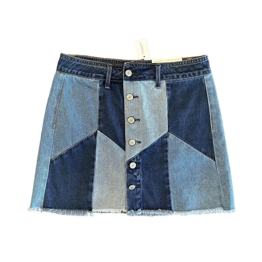 NWT AEO American Eagle Hi-Rise Festival Mini Denim Patchwork Jean Skirt Size 4 - Picture 2 of 12